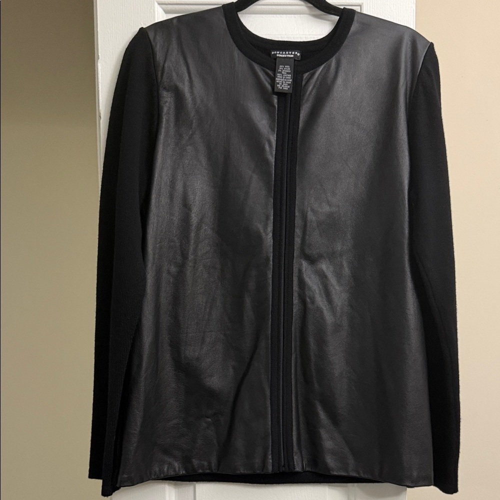 Black Leather Front Zip Jacket with wool blend sleeves